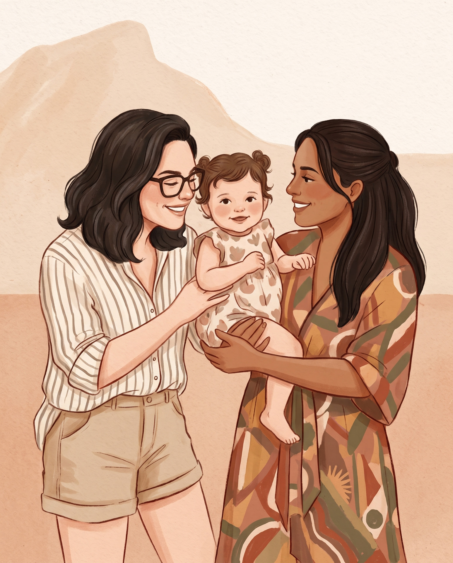 Ilustração de duas mães com seu bebê diante de colinas em tons terrosos