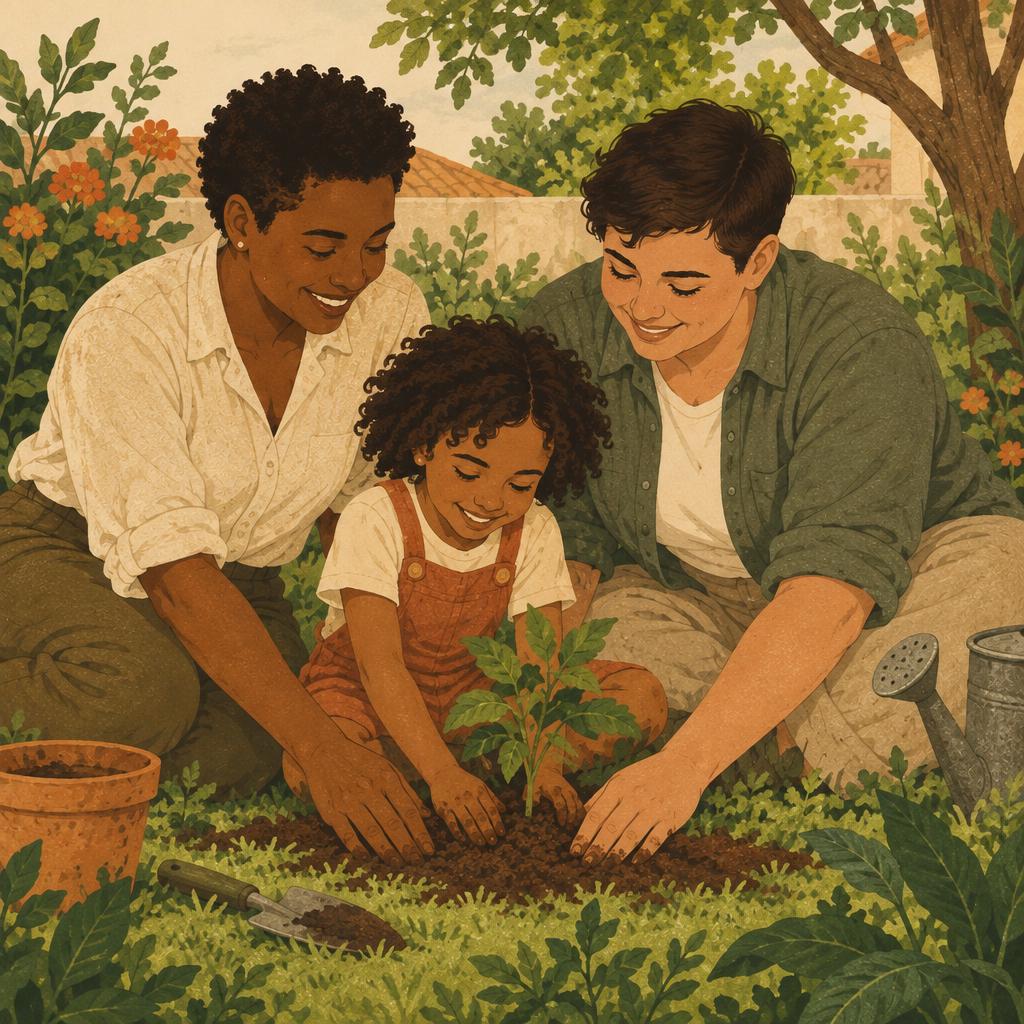Ilustração de duas mães e sua criança plantando juntas no jardim