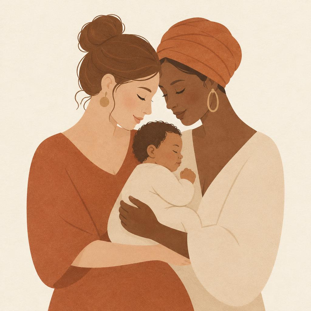 Ilustração de duas mães abraçando um bebê